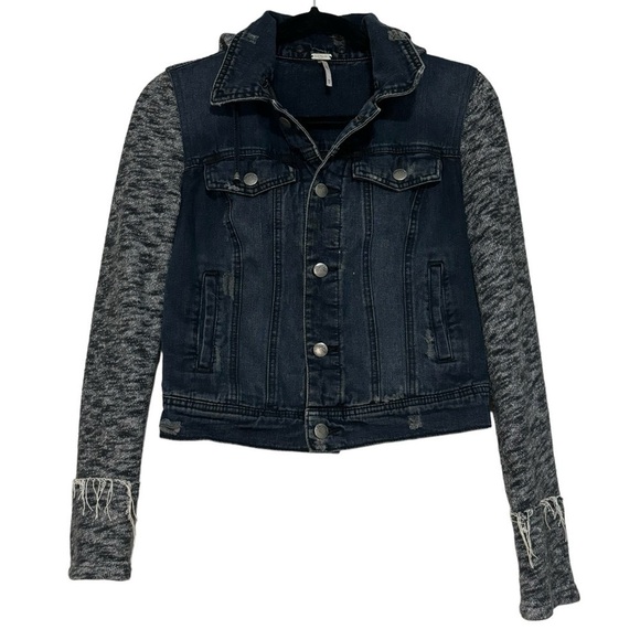 Free People Distressed Denim Jean Knit Sweatshirt Hoodie Jacket size XS - Picture 1 of 13